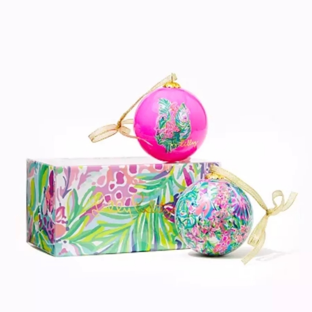 Lilly Pulitzer Holiday Christmas Ornament Set Pink Green Multi NWOT
